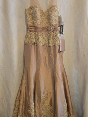 Mon Cheri Blush Pink and Gold Lace Evening Gown